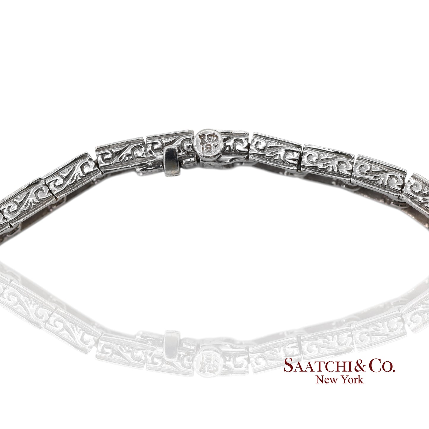 Vintage 18K 750 White Gold Natural Diamond Engraved & Milgrain Tennis Bracelet