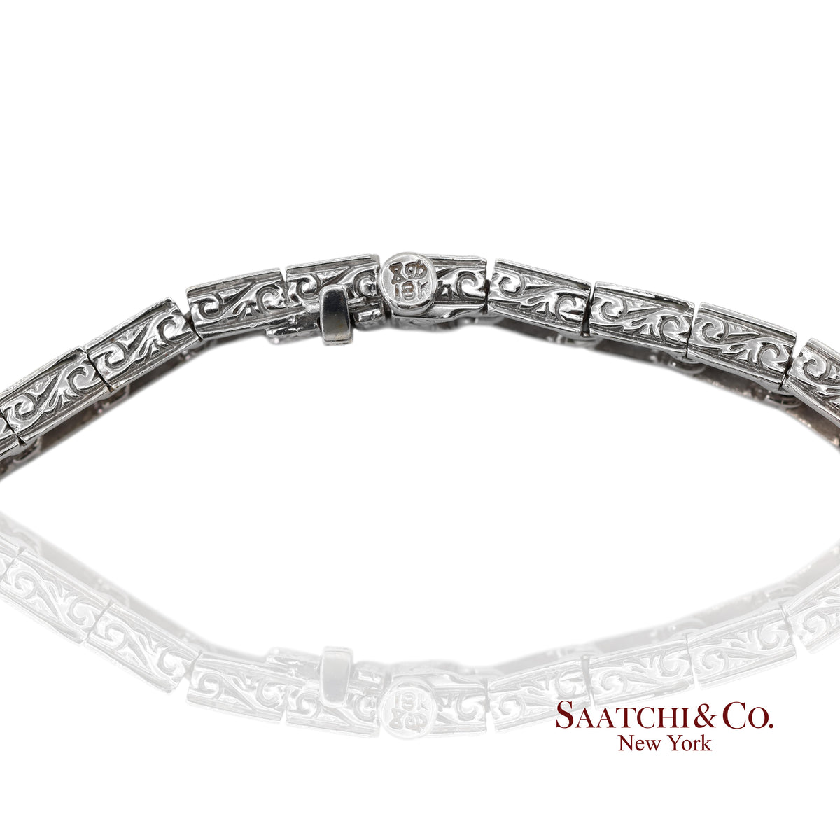 Vintage 18K 750 White Gold Natural Diamond Engraved & Milgrain Tennis Bracelet