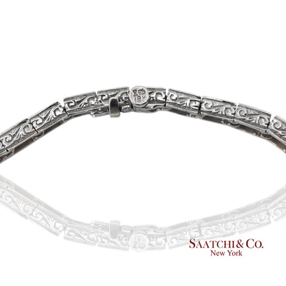 Vintage 18K 750 White Gold Natural Diamond Engraved & Milgrain Tennis Bracelet
