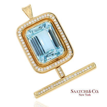 GIA 60 Ct Aquamarine and 4 Ct Diamond 18K Yellow Gold Convertible Pendant Brooch