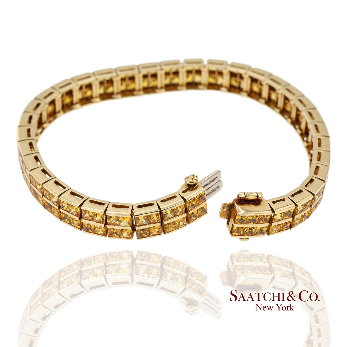 12.50 Ct Natural Yellow Sapphire Princess Cut Bracelet in 18K Yellow Gold