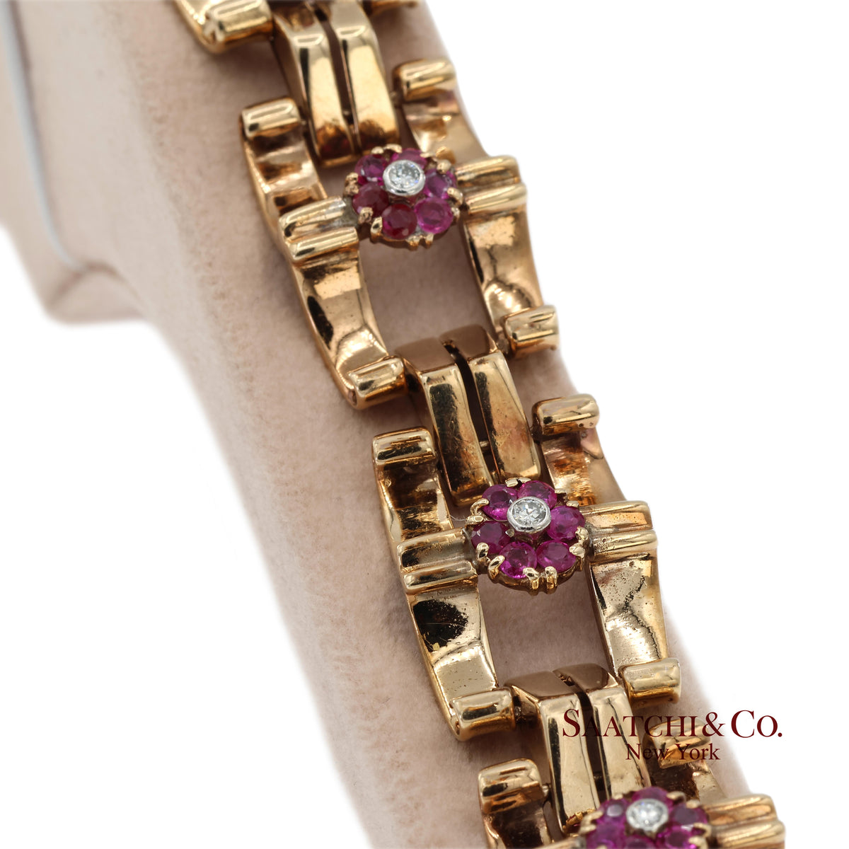 Vintage 0.15 Ct Natural Diamond and 1.20 Ct Ruby Bracelet in 14K Rose Gold