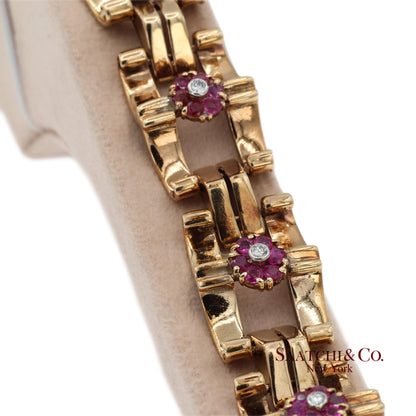 Vintage 0.15 Ct Natural Diamond and 1.20 Ct Ruby Bracelet in 14K Rose Gold