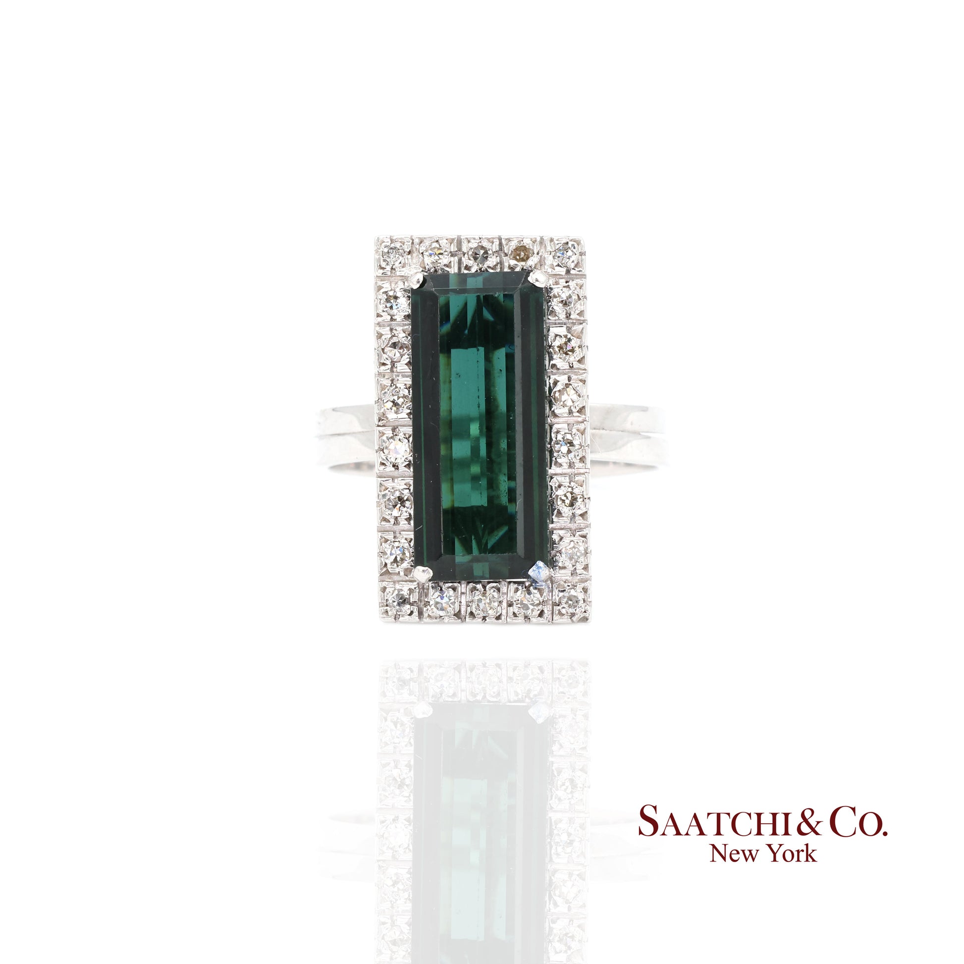 Pt 900 Natural Green Tourmaline and Natural Diamond Ring