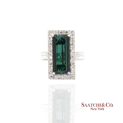 Pt 900 Natural Green Tourmaline and Natural Diamond Ring