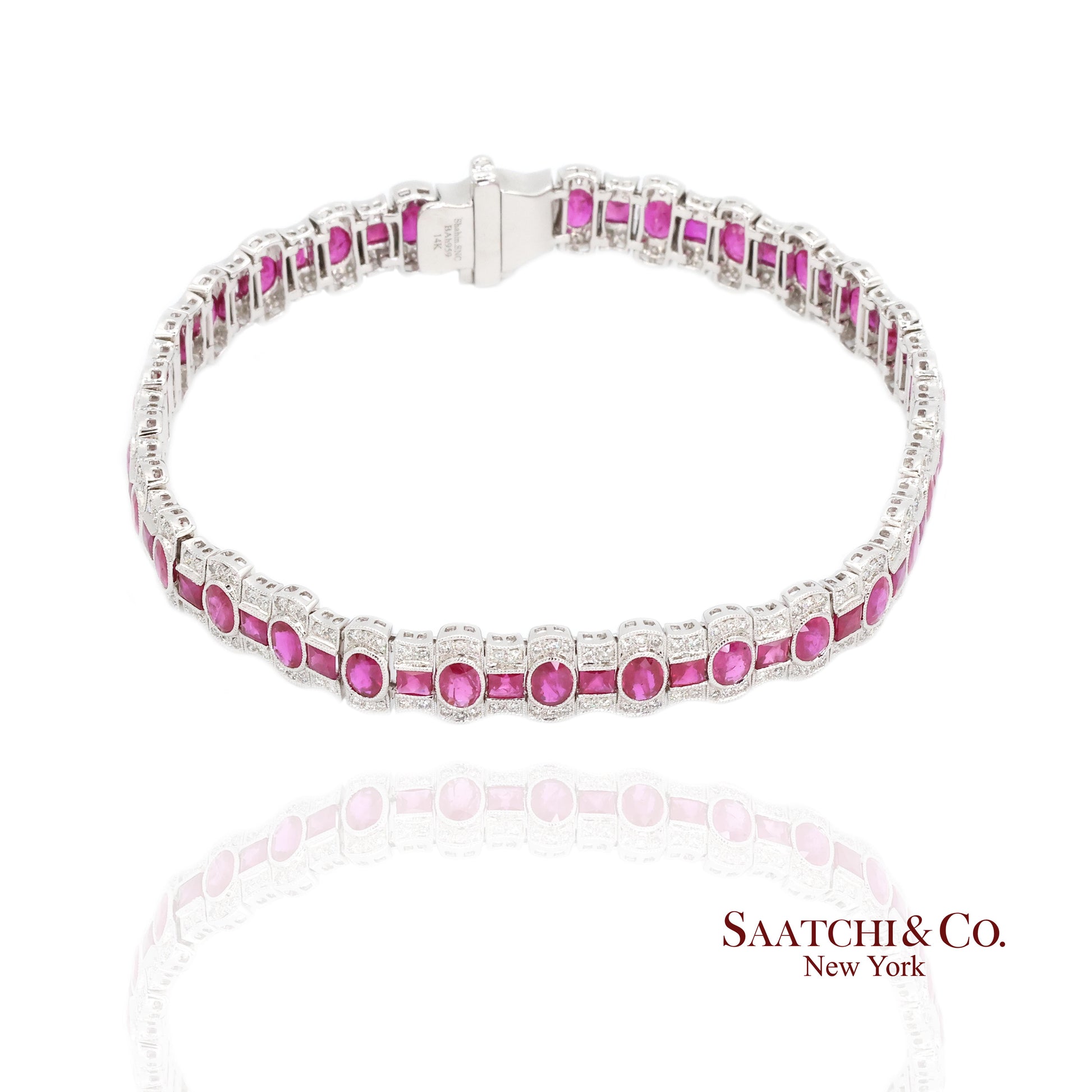 14K White Gold Natural Ruby Diamond Tennis Bracelet Milgrain Setting