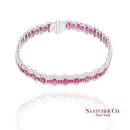 14K White Gold Natural Ruby Diamond Tennis Bracelet Milgrain Setting