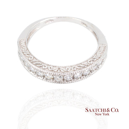 14K (585) White Gold Natural Diamond Engraved Band Ring