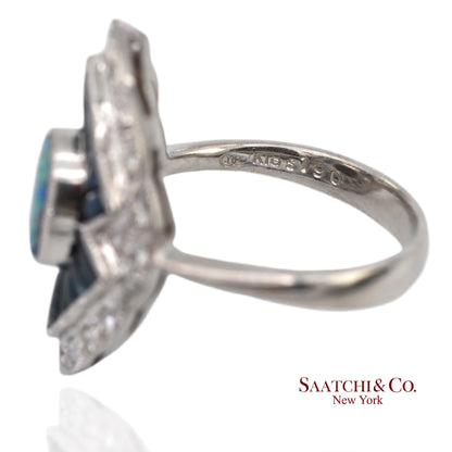 18K(750) Solid White Gold Natural Diamond Sapphire and Opal Ring