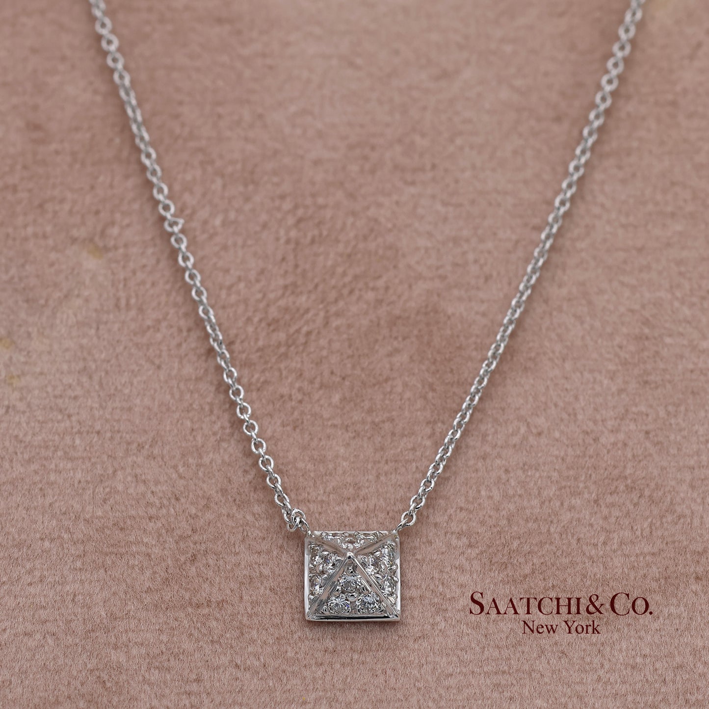 18K(750) White Gold Natural Diamond Square Shape Pendant Necklace with Chain