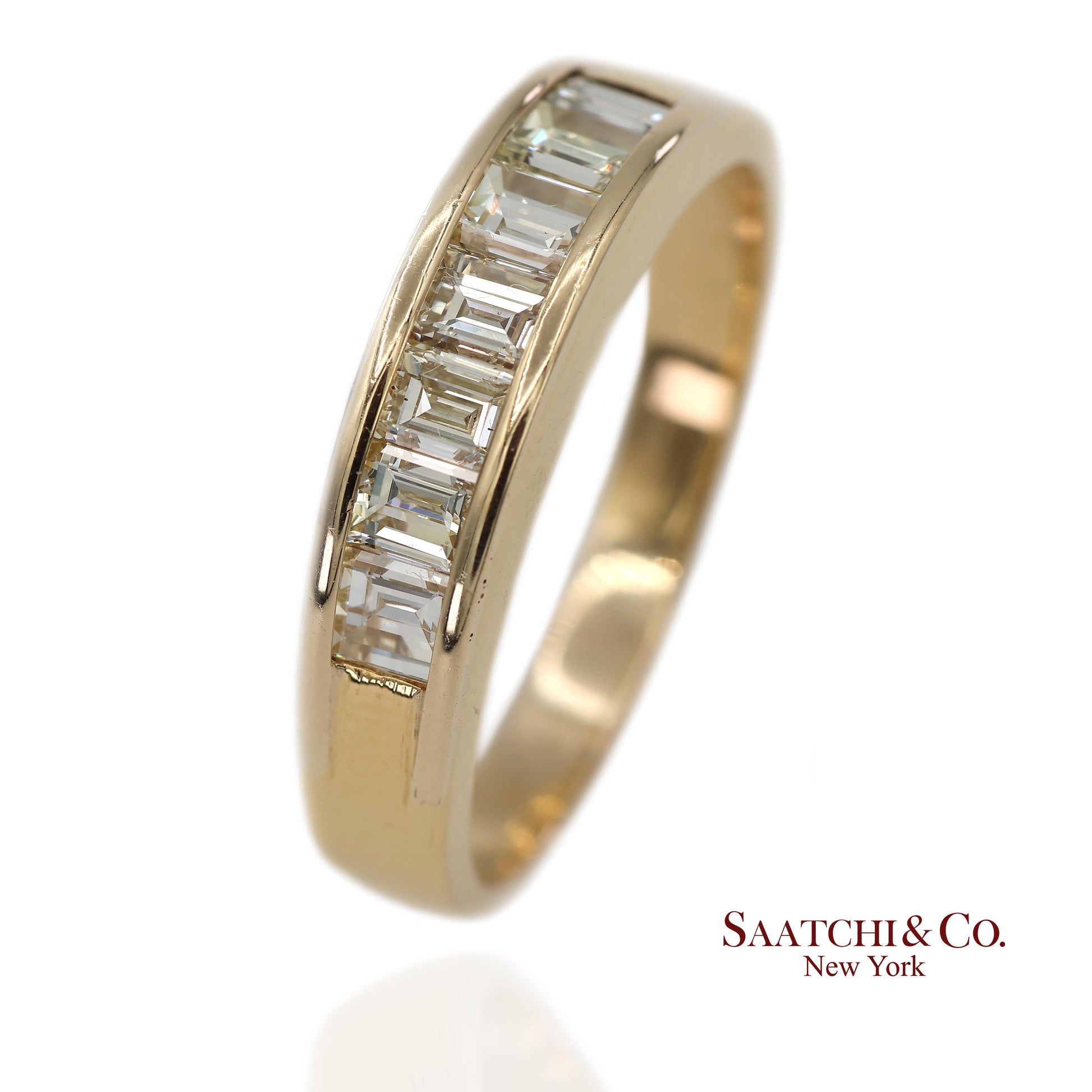 14K(585) Vintage Solid Yellow Gold Natural Baguette Diamond Band Ring