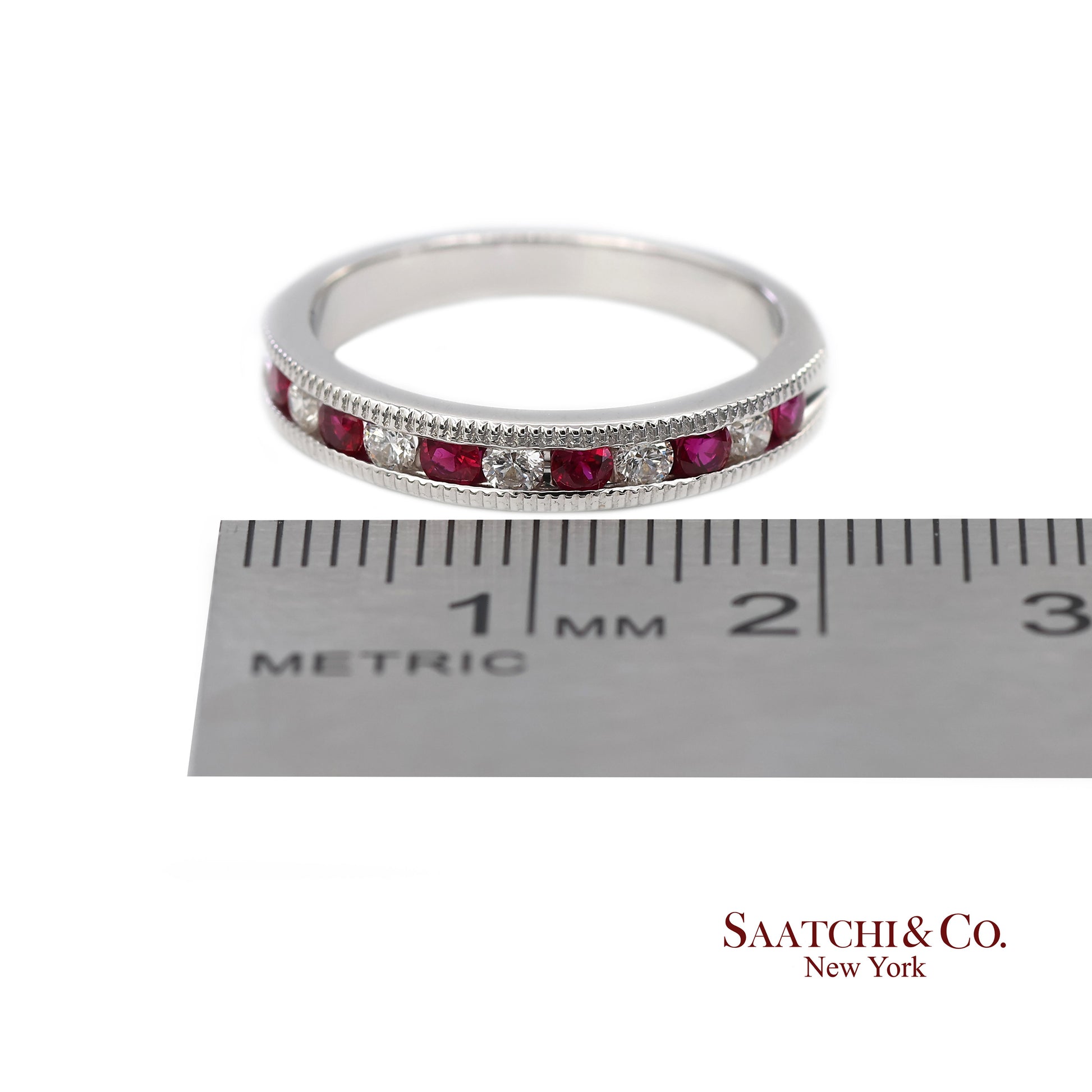 14K (585) Solid White Gold Natural Diamond and Ruby Half Band Ring
