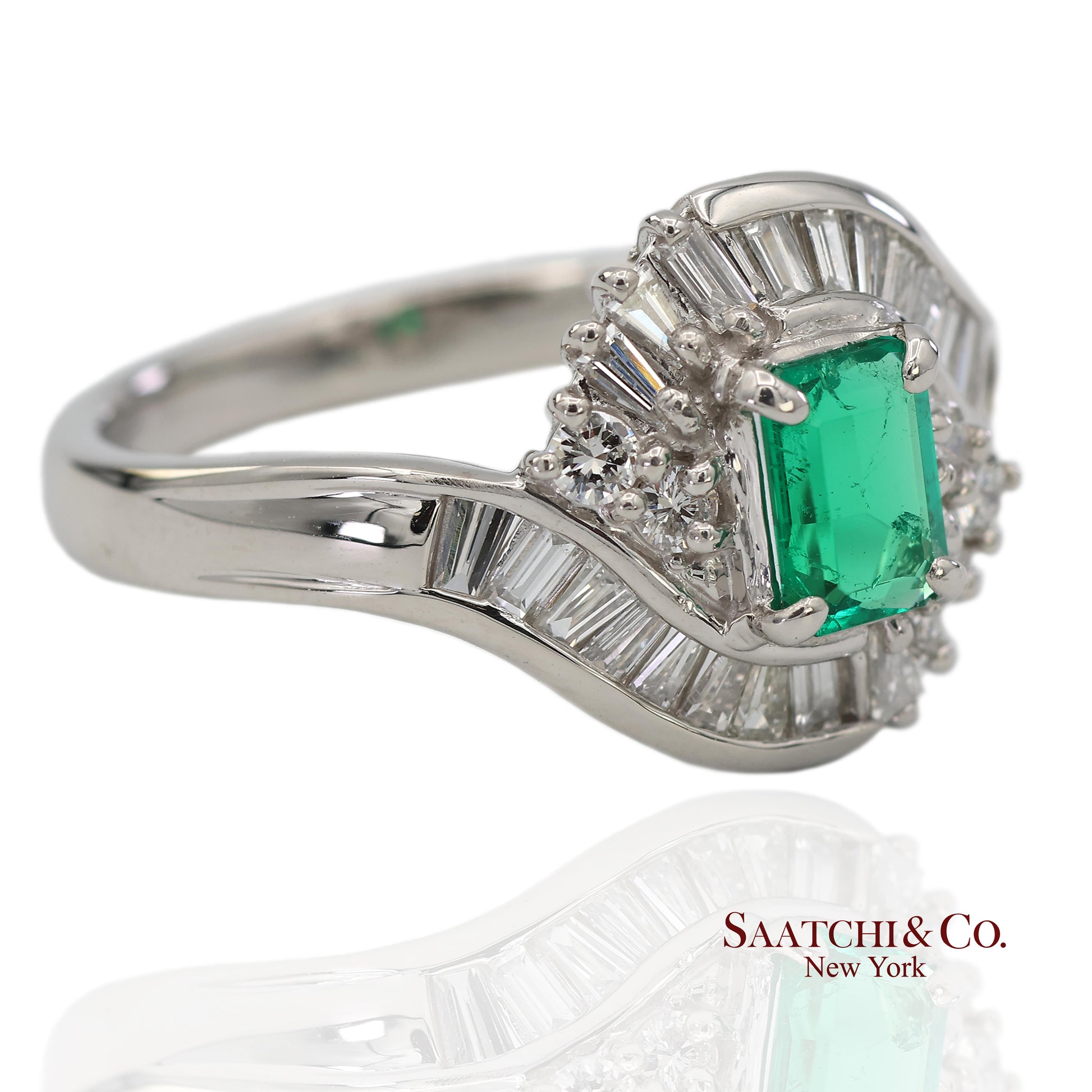 GIA Certified Solid Platinum 900 Natural Diamond and Natural Emerald Ring
