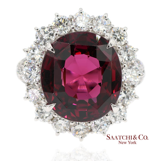GIA Certified Solid Platinum 900 Natural Diamond and Natural Garnet Ring