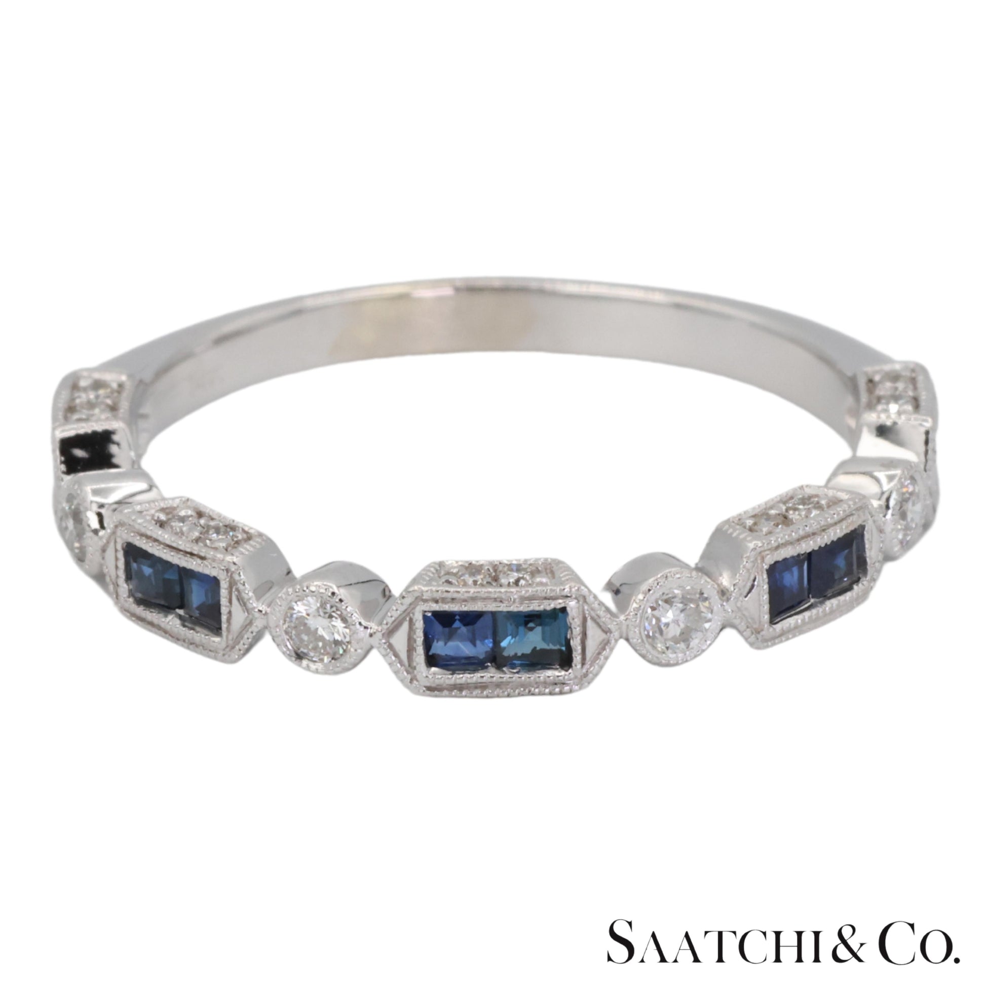 14k (585) White Gold Natural Diamond and Sapphire Band Size 8
