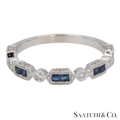 14k (585) White Gold Natural Diamond and Sapphire Band Size 8