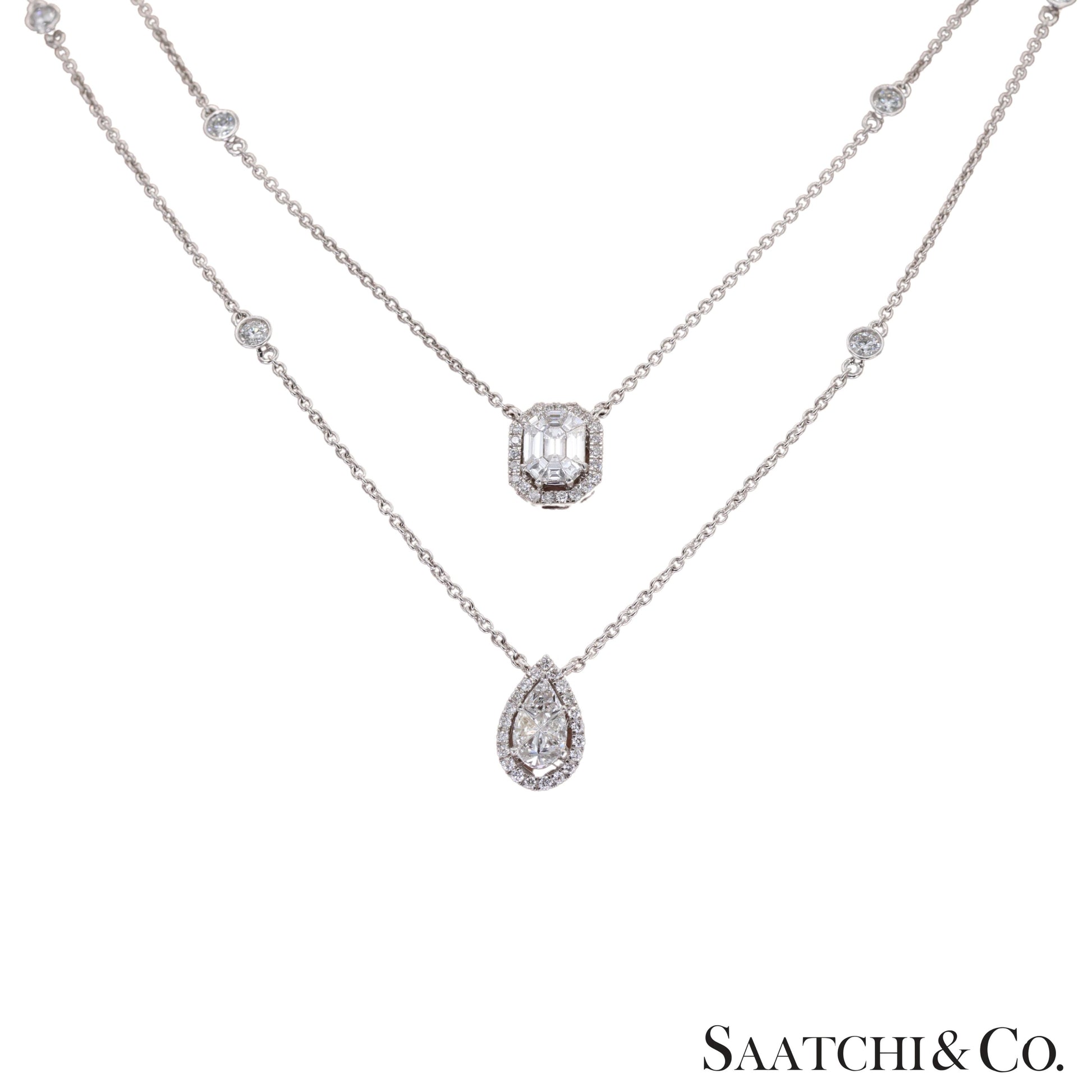 18k white gold pie cut pear and Emerald setting natural diamond necklace