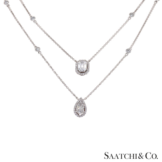 18k white gold pie cut pear and Emerald setting natural diamond necklace