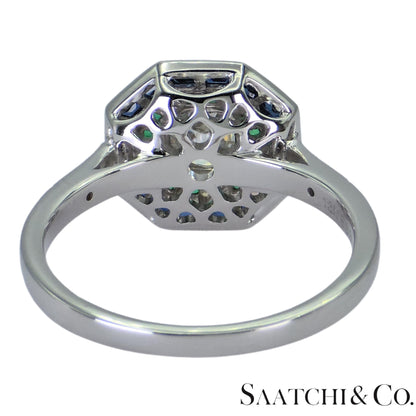 18K (750) White Gold Cushion Shape Natural Diamond Sapphire Emerald: Ring