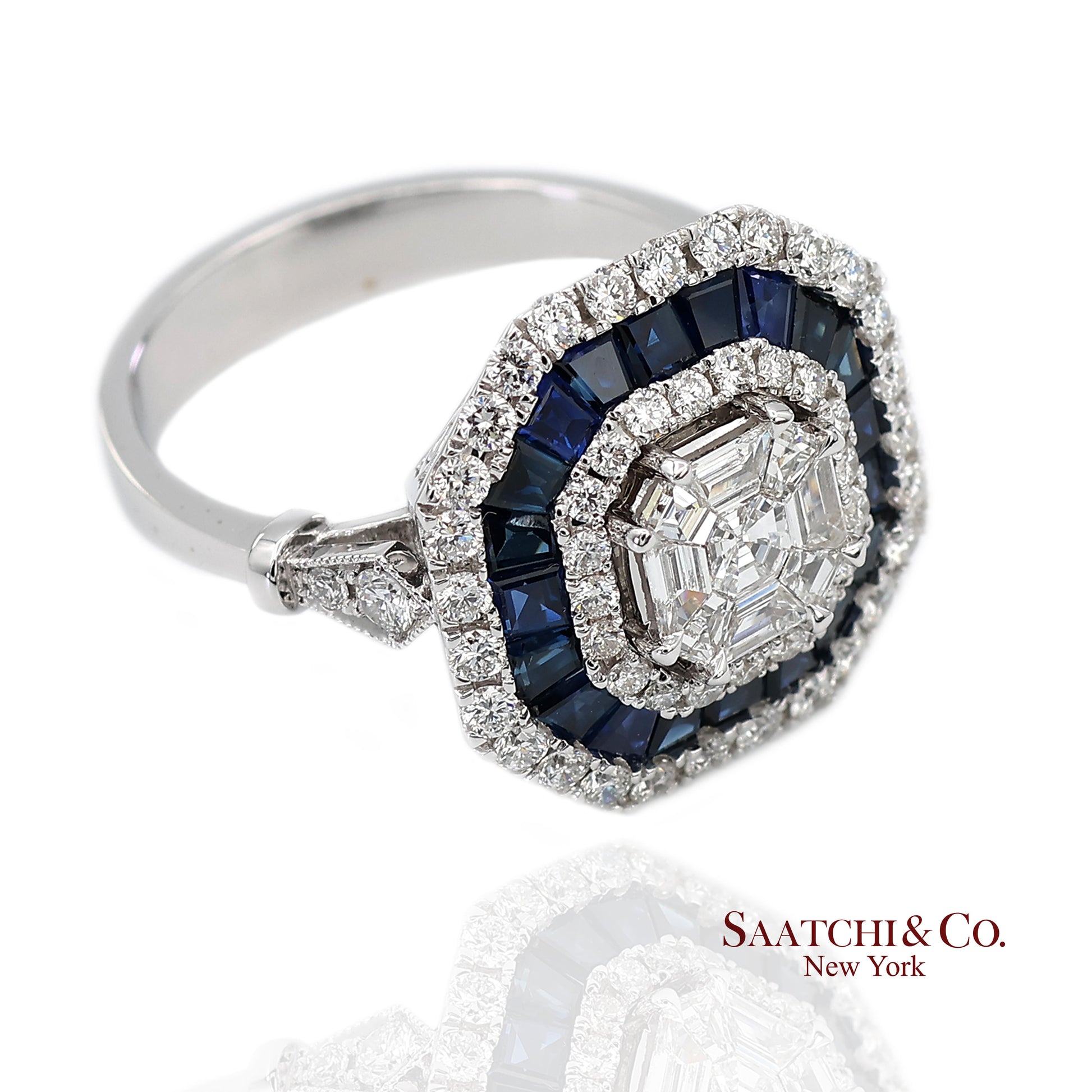 18K(750) White Gold Royal Blue Sapphire and Asscher Pie Cut Natural Diamond Ring