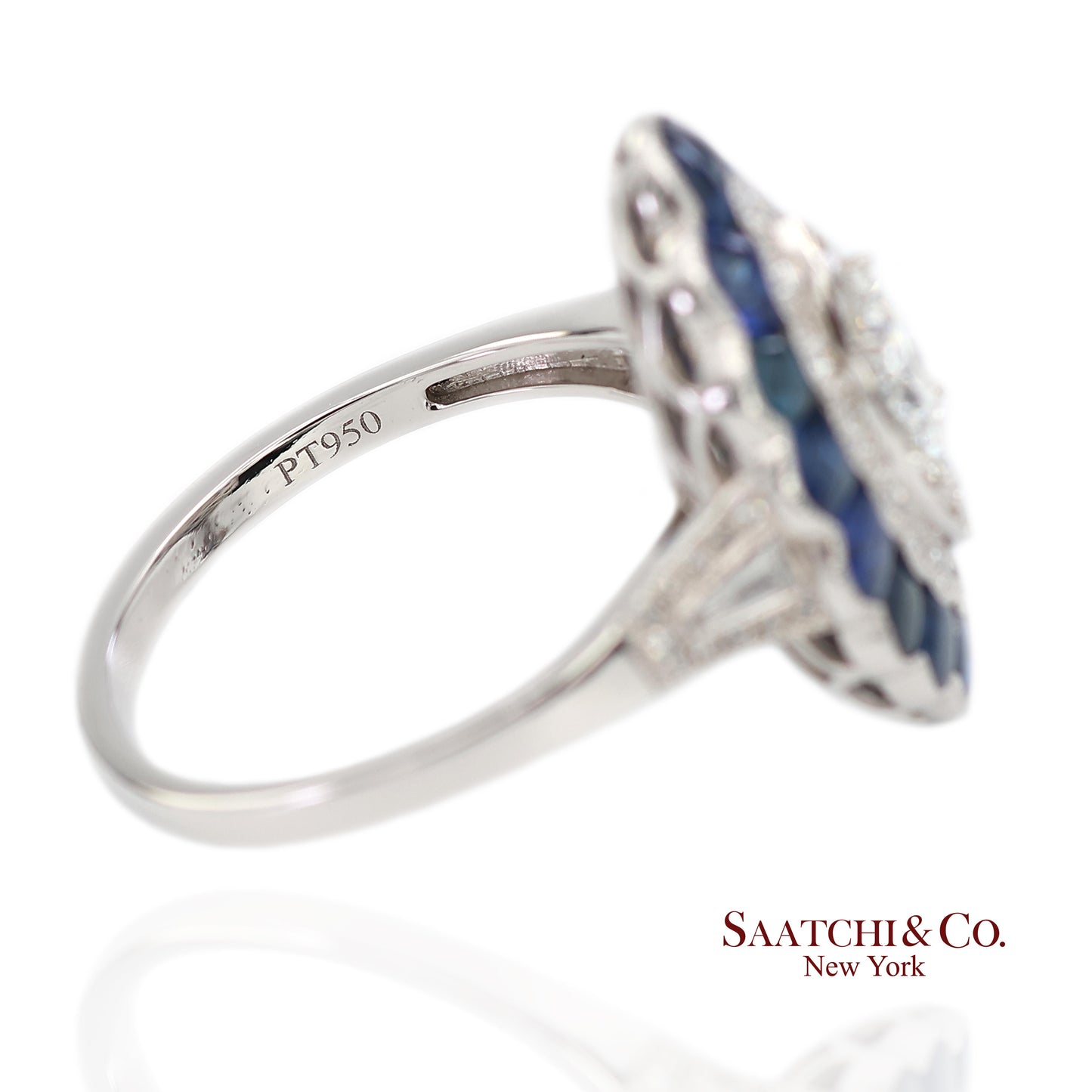 Platinum (950) Natural Diamond and Natural Sapphire Milgrain Ring