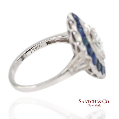 Platinum (950) Natural Diamond and Natural Sapphire Milgrain Ring