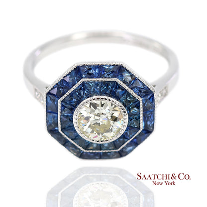 Platinum 950 Natural Diamond and Natural Sapphire Milgrain Ring