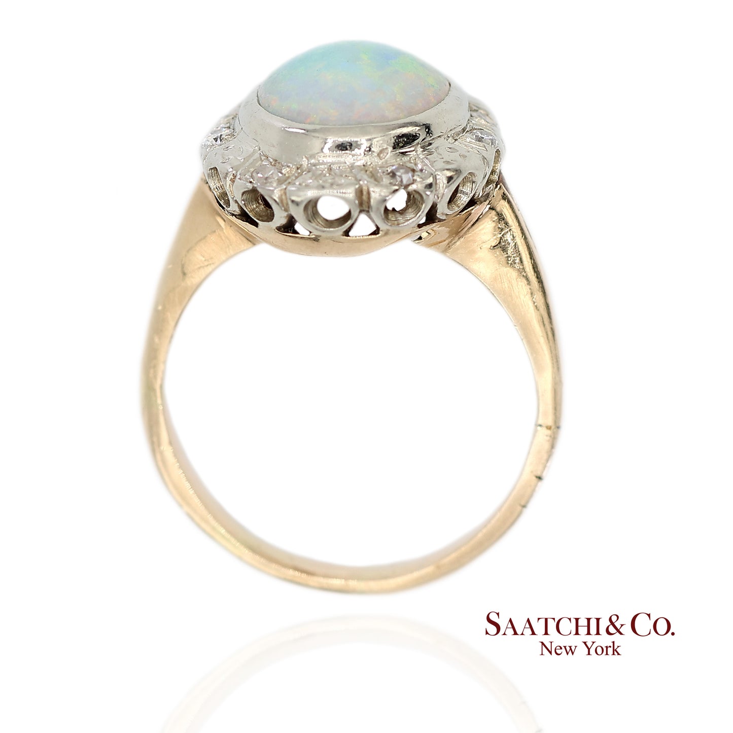 14K White and Yellow Gold Vintage Natural Diamond and Natural Opal Ring