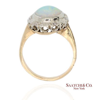 14K White and Yellow Gold Vintage Natural Diamond and Natural Opal Ring