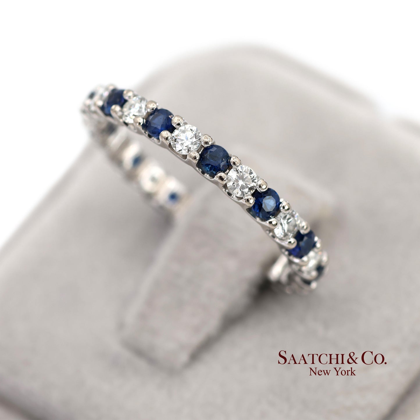 14K White Gold Natural Brilliant Diamond and Sapphire Band Ring