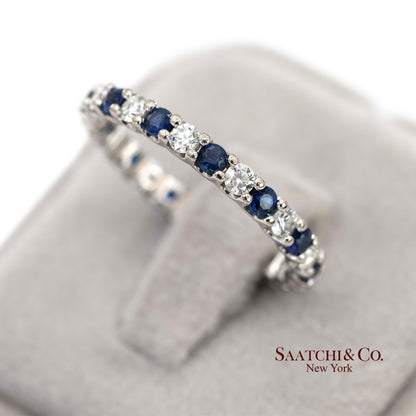 14K White Gold Natural Brilliant Diamond and Sapphire Band Ring