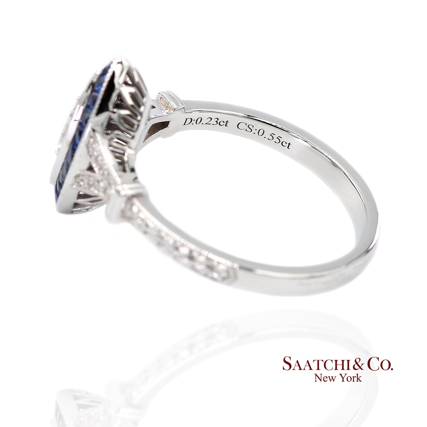 18K (750) White Gold Natural Diamond and Sapphire Marquise Milgrain Ring