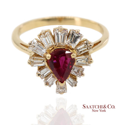 18K(750) Yellow Gold Natural Diamond Ballerina Ruby Ring