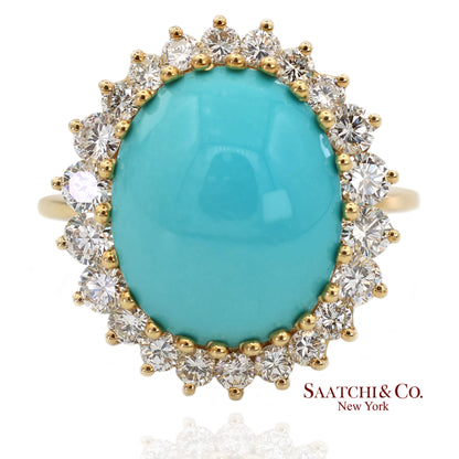 18K Yellow Gold Turquoise  Natural Diamond Halo Ring