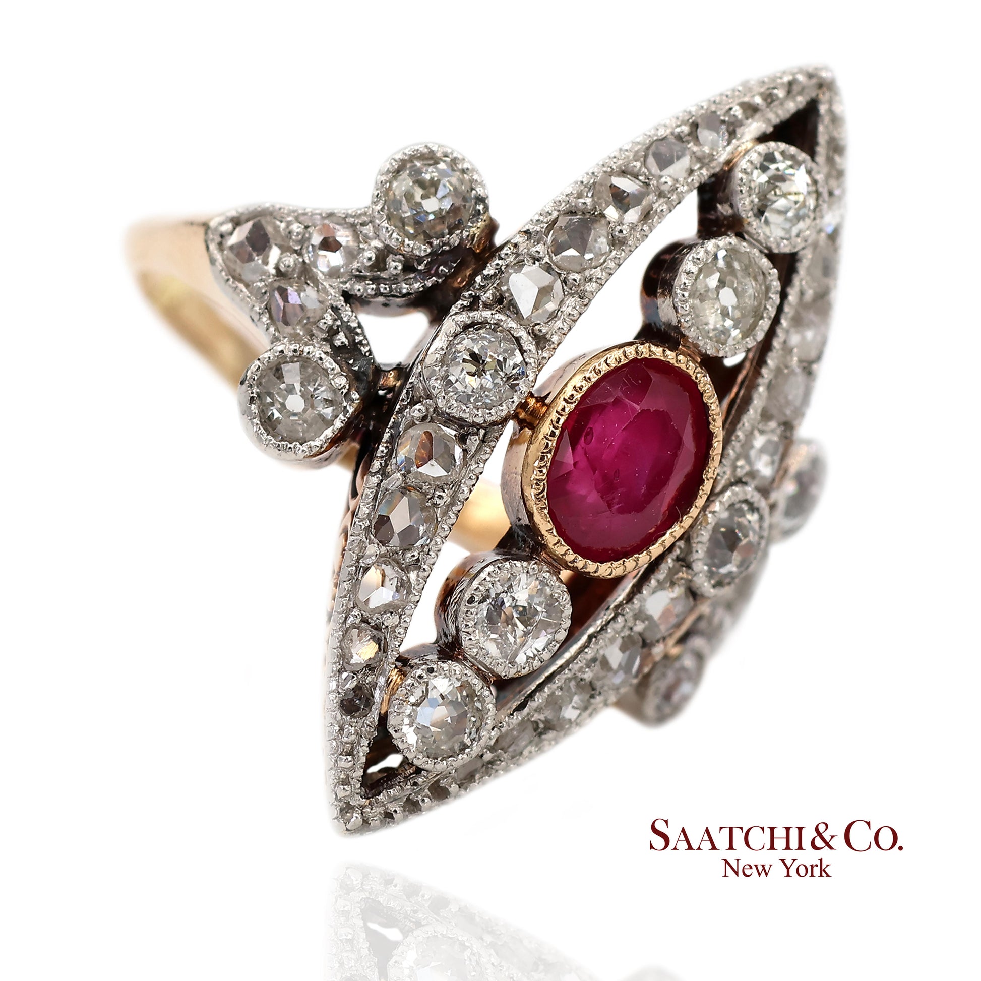 Vintage 14K(585) Yellow and White Gold Natural Diamond and Ruby Ring