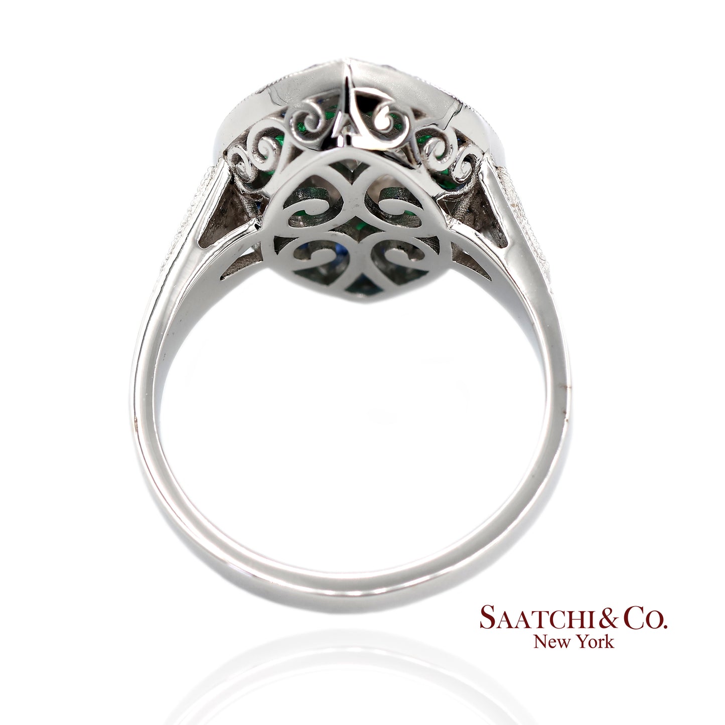 GIA_18K 750 Solid White Gold Natural Diamond Emerald and Sapphire Milgrain Ring