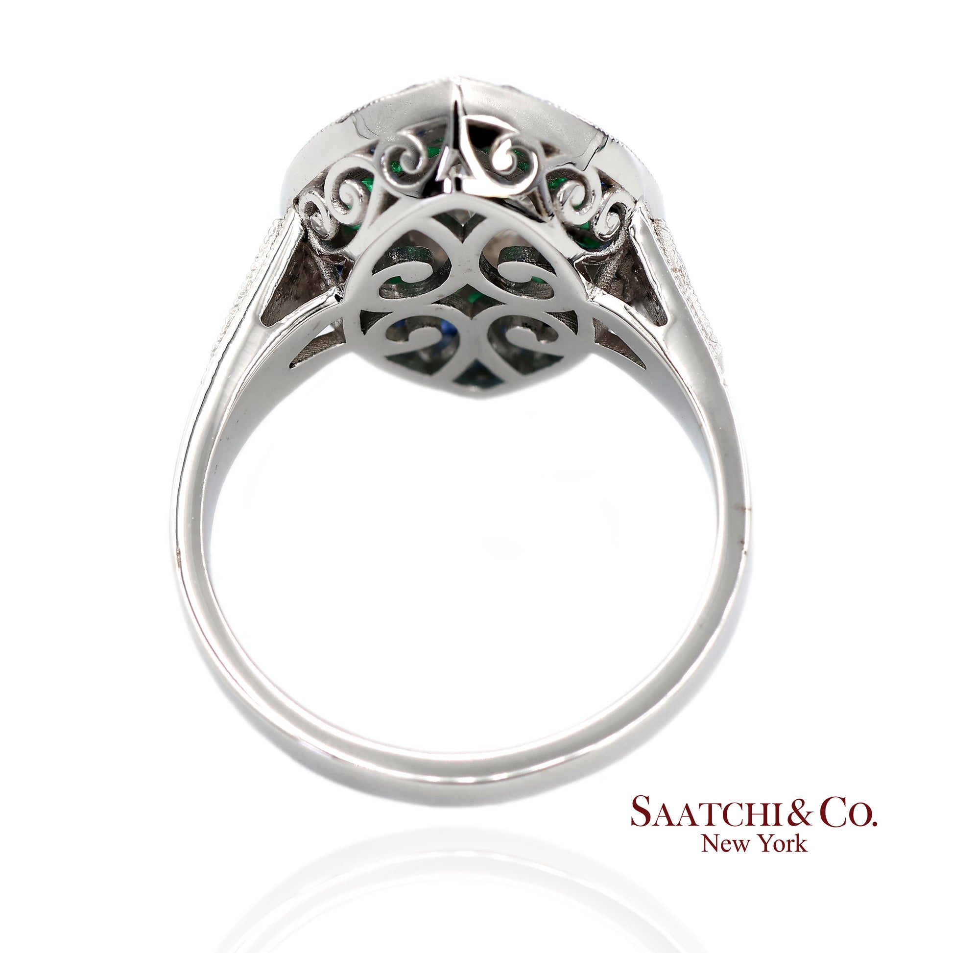 GIA_18K 750 Solid White Gold Natural Diamond Emerald and Sapphire Milgrain Ring