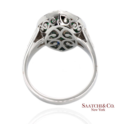 GIA_18K 750 Solid White Gold Natural Diamond Emerald and Sapphire Milgrain Ring