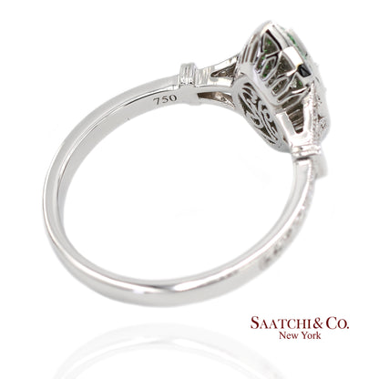 18K (750) White Gold Natural Diamond and Tsavorite Marquise Milgrain Ring