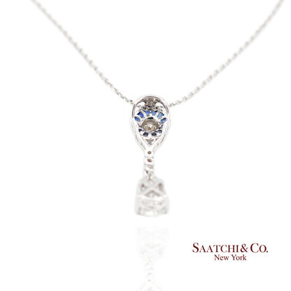 18K White Gold Natural Diamond and Pie Cut Sapphire Pendant with 14K Gold Chain