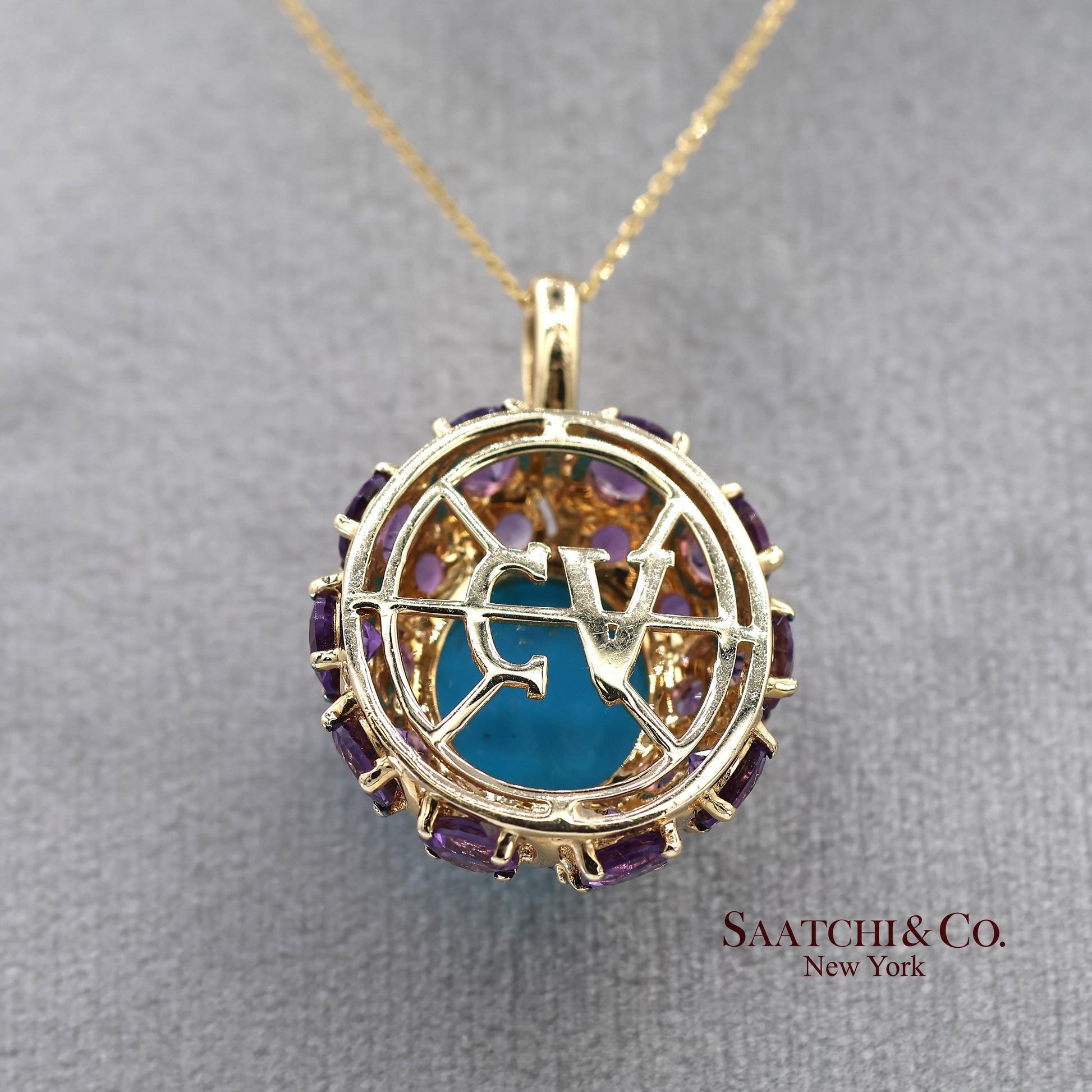 14K Yellow Gold Carlo Viani Turquoise and Amethyst Pendant Necklace with Chain