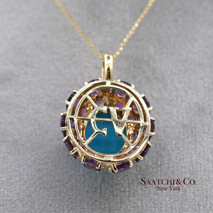14K Yellow Gold Carlo Viani Turquoise and Amethyst Pendant Necklace with Chain