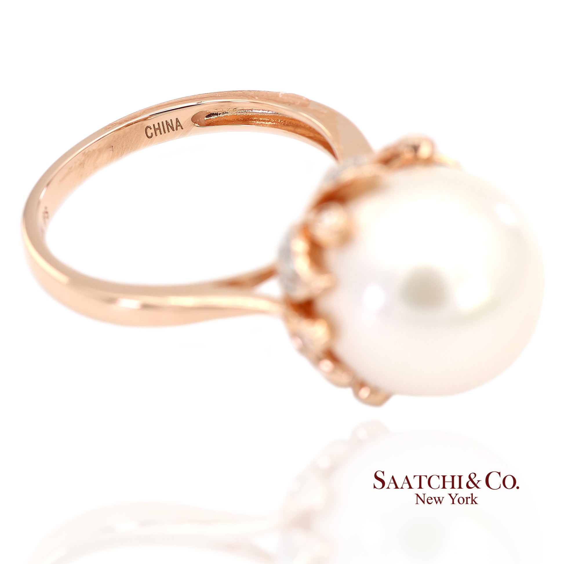 14K (585) Rose Gold Natural Brilliant Diamond and White Pearl Ring
