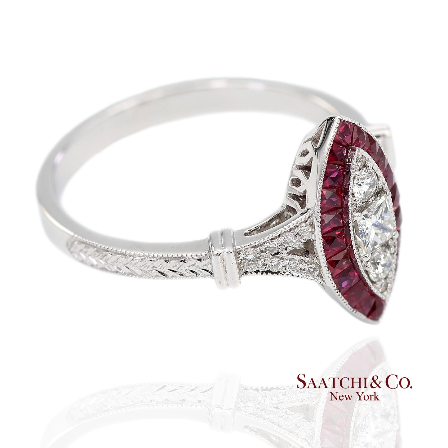 18K (750) White Gold Natural Diamond and Marquise Ruby Milgrain Ring