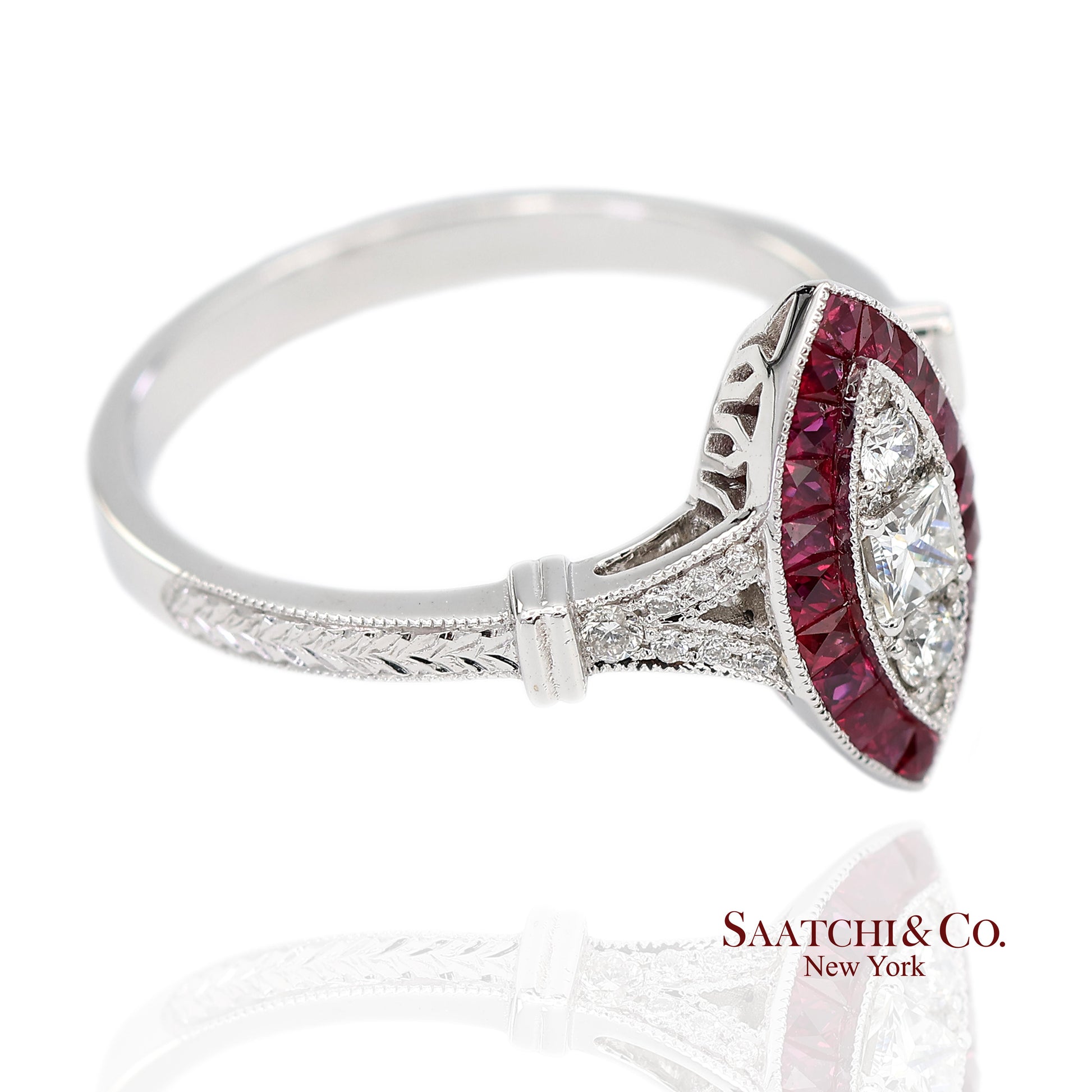 18K (750) White Gold Natural Diamond and Marquise Ruby Milgrain Ring