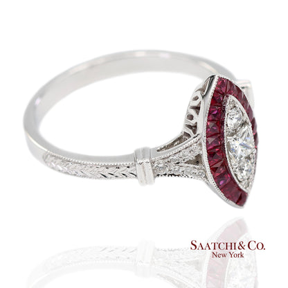 18K (750) White Gold Natural Diamond and Marquise Ruby Milgrain Ring