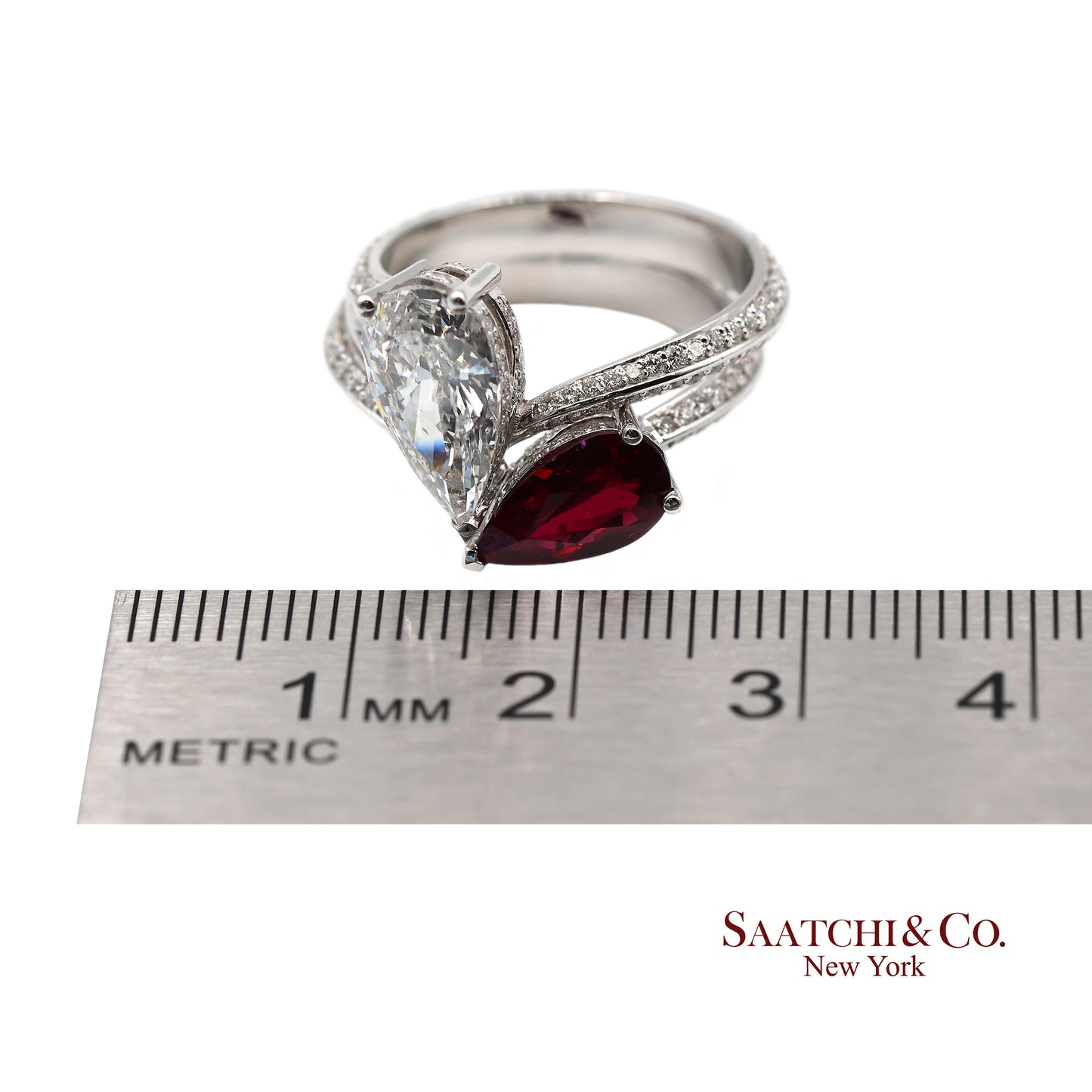 18K(750) Solid White Gold Natural Diamond and Ruby Toi et Moi Ring