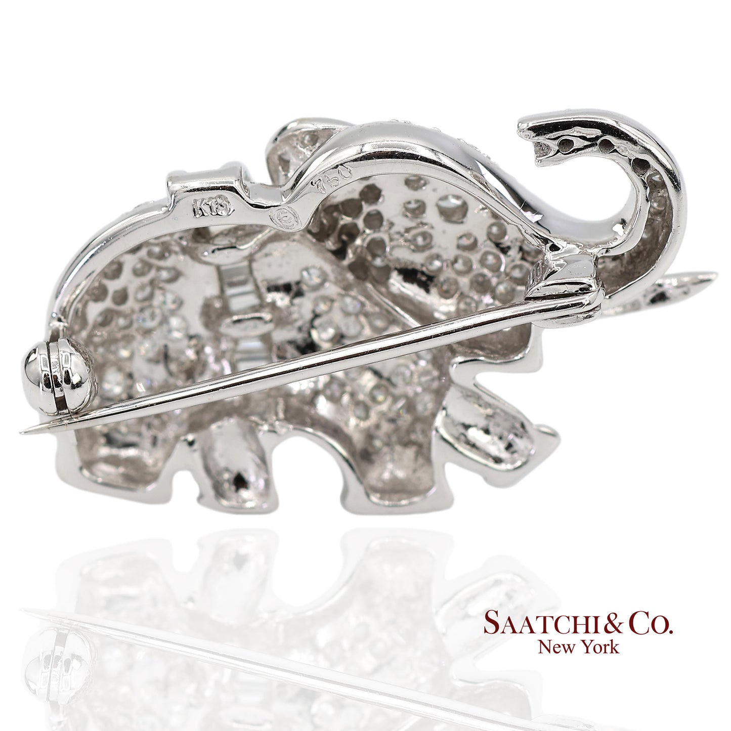 18K (750) White Gold Natural Diamond Elephant Brooch/Pin