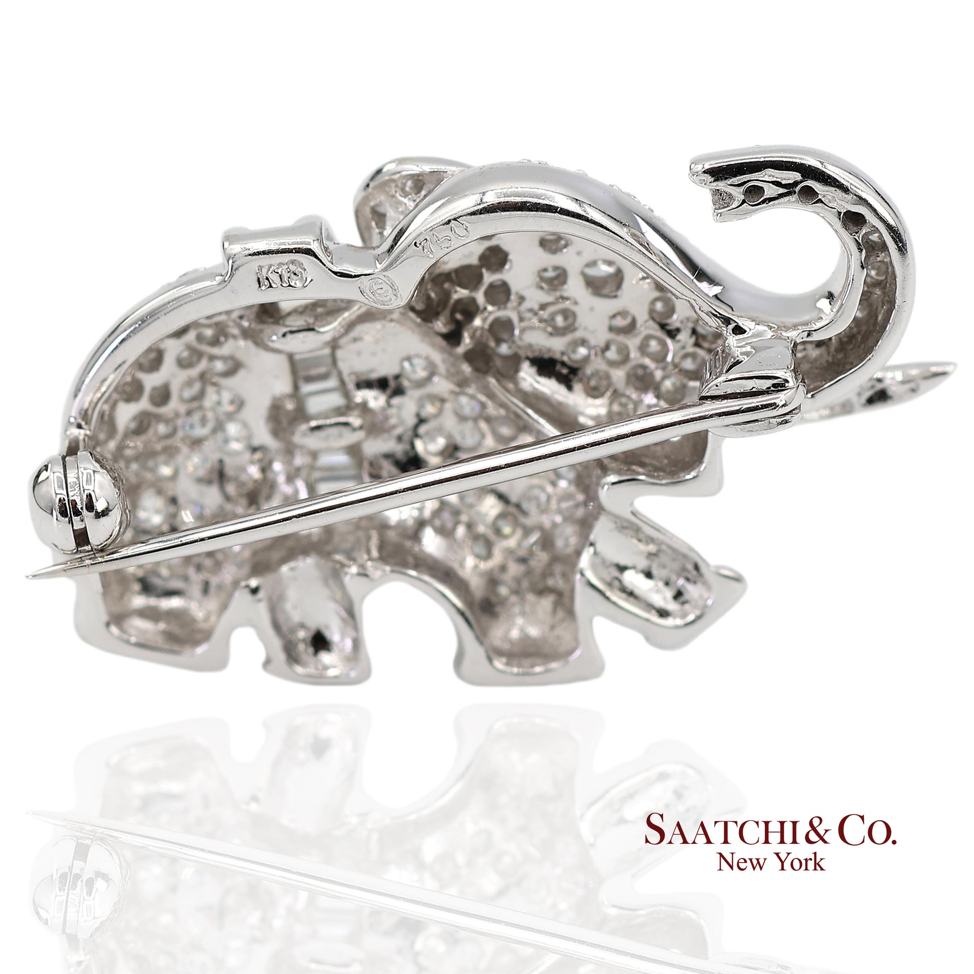 18K (750) White Gold Natural Diamond Elephant Brooch/Pin
