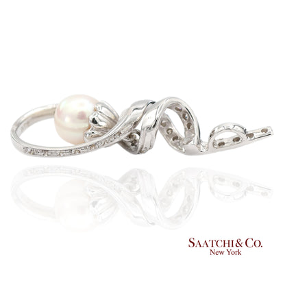 18K (750) White Gold Natural Diamond and White Pearl Pendant Necklace